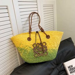 Loeews French Straw Woven Bag for Female Sen Style High Beauty Designers Luo Family Vegetable Basket Woven Tote Bag Holiday Beach Bag