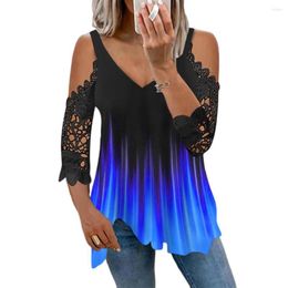 Women's Blouses Women T-shirt Lace Half Sleeve Gradient Colour Lady Cold Shoulder V-neck Summer Casual Blouse Femlae Top