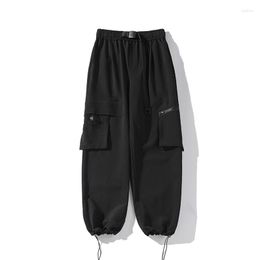Men's Pants 2023 Parachute Cargo Belt Stretch Waist Big Pocket Wide Leg Ankle-length Tie Trouser Legs Outdoor Trip Bottoms