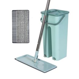 Mops Hand Free Squeeze Mop Floor with Bucket 360 Rotating Flat Household Cleaning Tool Microfiber Pads Wet or Dry Usage 230810