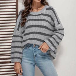 Women's Sweaters Autumn Korean Sweater Fasion Striped Colour Contrast Stitching Button Trimmed Loose Bell Sleeve Oversized Pullovers