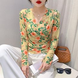 Women's T Shirts 2023 Spring Fall Korean Clothes Double Mesh T-Shirt Women Chic Sexy V-Neck Draped Print Flower Tops Long Sleeve Tees 38020
