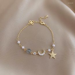 Charm Bracelets 14K Gold Plated Korea Fashion Jewellery Star Moon Zircon Grey Stone Bead Pearl Bracelet Elegant Student Women Daily