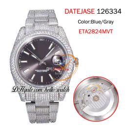 Top New Date Gray Dial 126334 126333 Seagull ETA 2824 Automatic Mens Watch 904L Stick Mark Fully Iced Out Diamond Bracelet Jewelry Watches Hello_watch RXHW E297B