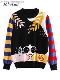 Women's Sweaters Winter New Contrast Stripe Sleeve Embroidery Leaf Beaded Sequin Sunglasses Girls' Knitted Sweater C-013 Z230814