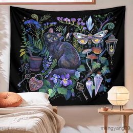 Tapestries Black Cat Garden Tapestry Wall Hanging flower Moon Moth Bedroom Home Decor Cloth R230812