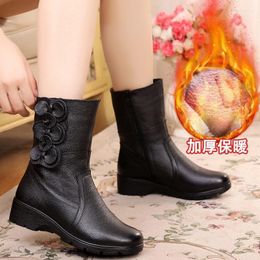 Boots Winter Keep Warm Women's Mid Calf Fashion Plus Velvet Flower Soft Leather Platform For Women Outdoor Shoes