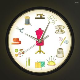 Wall Clocks Seamstress Sound-Activated Clock Tailor Shop LED Voice Control Light Quilting Sew Time Metal Frame Horologe