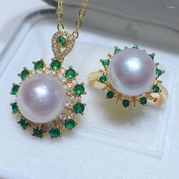 Necklace Earrings Set HABITOO Stunning Natural 10-11mm White Round Cultured Pearl Sunflower Green Ruby Cubic Zircon Pendant Ring Jewellery