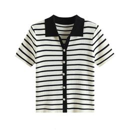 Women's Knits Tees EMBELLIKE Contrast Striped Short Sleeve Polo Collar Cardigan Sweater Women Knitted Shirt Tops M L XL 230810