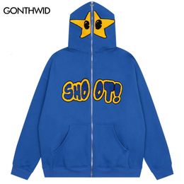 Mens Hoodies Sweatshirts Vintage Emo Hooded Jacket Streetwear Hip Hop Embroidery Star Letter Full Zip Up Punk Fleece Jackets Harajuku Fashion Cotton Coat 230810