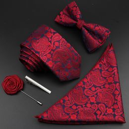 Neck Ties Solid Colour Silk Men Tie Set Polyester Jacquard Woven Necktie Bowtie Suit Vintage Red Blue For Groom Business Wedding Party 230811