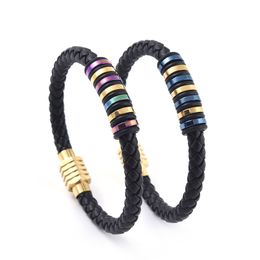 Rainbow Stainless Steel Spacer Charm Bracelet Classic Design Men Style Handmade Braid Leather Bracelets Jewelry for Gift