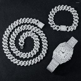 Chains Necklace Watch Bracelet Hip Hop Cuban Chain Silver Color Full Iced Out Paved Rhinestones Men Jewelry Set