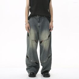 Men's Jeans Wear Metal Button Hollowed-out Wide-legged Hip Hop Casual Style
