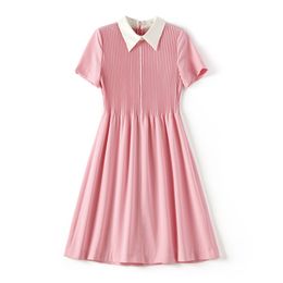 2023 Summer Pink Contrast Colour Panelled Dress Short Sleeve Lapel Neck Knee-Length Casual Dresses W3Q014210