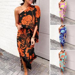 Casual Dresses Women Dress Irregular For Party Flower Print One Shoulder Half Sleeve Split Sexy Off