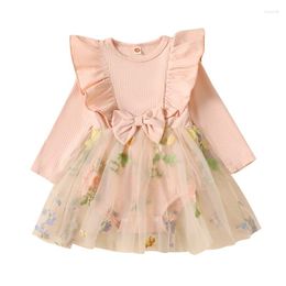 Girl Dresses BeQeuewll Baby Girls Dress Long Sleeve Flounce Bow Embroidery Flower Tulle Patchwork Bodysuit Clothes Sweet Princess