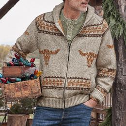 Mens Sweaters Vintage Cardigan Hoodied England Style Print Knitted Pullover Streetwear Casul Knitwear Thick Winter Autumn 230811