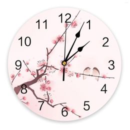 Wall Clocks Pink Flower Tree Bird Sparrow Ink Style Large Clock Dinning Restaurant Cafe Decor Round Silent Home Decoration