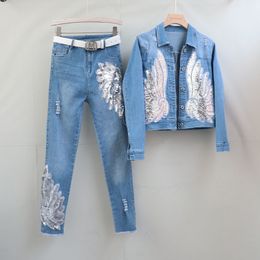 Women's Two Piece Pants European Style Denim Suit Fashion Outfit Women Wings Sequined Denim Short Jacket Jeans Pants Two-Piece Set Female 230810