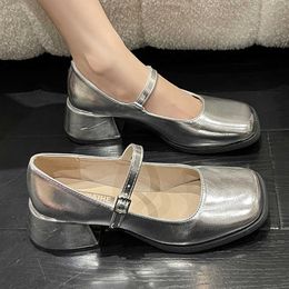 Silver Thick Heels Mary Jane Shoes Women 2023 Buckle Strap Square Toe Pumps Woman Med Heele Patent Leather Female 230807