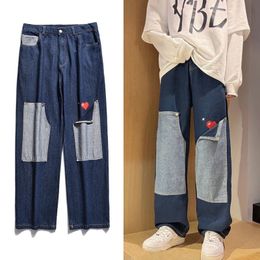 Men's Jeans Patchwork Cargo for Men Denim Pants Male Japanese Streetwear Oversize Straight Trousers Loose Casual Heart Spring 230810