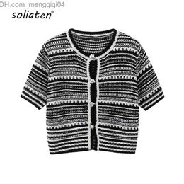Women's Sweaters Korean fashion knitted top white black striped knitted sweater hollow women's short sleeved cardigan women's 2023 B-056 Z230811