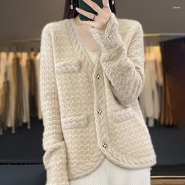 Women's Knits Fall/Winter Knitted Pure Wool Cardigan Coat Female V-Neck Small Fragrance Loose Sweater Slim Cashmere