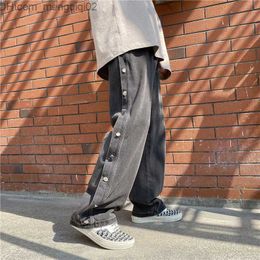 Men's Pants Smoky gray high-end jeans with buttons high street style pants men's fashion loose fitting laundry mop street hip-hop Z230814