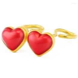 Stud Earrings Pure 24K Yellow Gold Women 999 3D Red Heart P6270