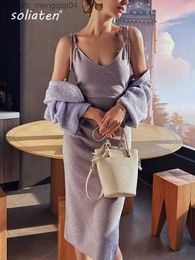 Women's Sweaters Spring Solid Matching Sets Ultrathin Purple Wrapped Hip Knitted Dress V-neck Long Sleeve Knitted Cardigan Thin Sweater C-027 Z230811