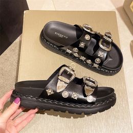 Slippers Summer Punk Rock Women Slippers Rivets Platform Leather Mules Creative Metal Fittings Slippers Female Casual Sandals Shoe Slides 230810cj