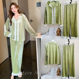 Women's Sleepwear Sexy Lace Long Velour Pajamas Set Warm Spring Autumn Home Clothes Women Top Pants 2Pcs Soft Nightwear Loungewear