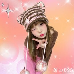 Beanie/Skull Caps Sweetheart Original Pure Handmade Striped Kitten Beanies Hat Subculture Cute Y2k Cat Ear Hat Skullies Hats for Women 230810