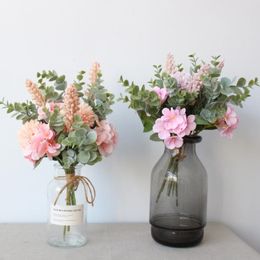 Decorative Flowers 1 Bunch Forest Style Silk Hydrangea Pompom Begonia Wedding Flower Bouquet Lucky Ball Artificial Eucalyptus Leaf