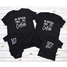 Family Matching Outfits OK But First Coffee Milk Family Matching Outfits Funny Mommy and Daughter Son Cotton Short Sleeve shirts Baby