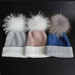 Berets Thick Cashmere Women Hats For Winter Men's Fashion Beanies With Luxury Real Fur Pompoms