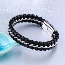 Link Bracelets Simple Fashion Black Leather Bracelet For Men Women Stainless Steel Punk Hip Hop Creativity Vintage Jewelry Gifts Drop