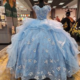 Light Sky Blue Princess Quinceanera Dress 2024 Off Shoulder Appliques Sequins Flowers Party Sweet 16 Gown Vestidos De 15 Anos