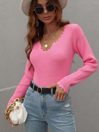 Women's Sweaters Crop Women T-shirt Fashion V-Collar Bare Midriff Stretch Tops Ribbed Knitted Elastic Slim Skinny Tees Casual Solid Long