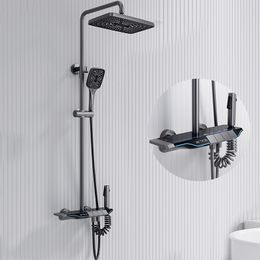 Shower System Set Ambient Light Full Copper Thermostat Digital Display Shower Set Gunmetal Grey Modern Showers faucet