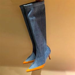 Pointed Toe Thigh High Boots Women Denim Side Zipper Design Over The knee Boots Autumn Slim Fit knee High Boots Party Long Boots