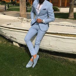 Men's Suits 2023 Light Sky Blue Slim Fit Men Prom Notched Lapel Groomsmen Beach Wedding Tuxedos For Blazers 2 Pieces