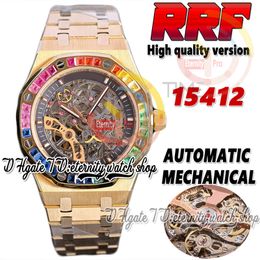 RRF 41MM ZY15412 Automatic Mechanical Mens Watch Rainbow T Diamond Bezel Skeleton Black Dial Double Balance 316L Stainless Steel Gold Bracelet eternity Watches