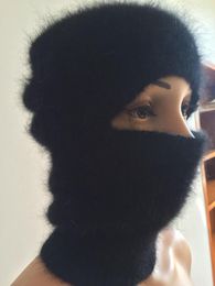 Berets Fluffy Mink Cashmere Winter Ski Mask Balaclava Angora Knitted Hat Scarf Neck Warmer For Men Or Women Fleece Cap JN650