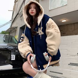 Women's Jackets Embroidered Hooded Baseball Uniform Women's Winter Student Couple American Retro Plus Velvet Casual Hooded Jacket Top 230810