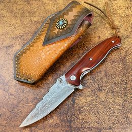 New S7213 Flipper Folding Knife Damascus Steel Straight Point Blade Rosewood Handle Outdoor Camping Hiking Fishing EDC Pocket Knives with Leather Sheath