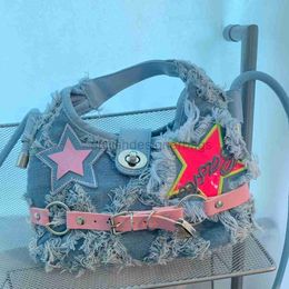 Shoulder Bags Online celebrity niche 2023 new y2k spicy girl style pink five pointed star patch design with raw edge denim crossbody bagstylishdesignerbags