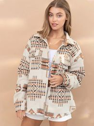 Womens Jackets Vintage Women Aztec Printed Jacket Long Sleeved Splicing Loose Wool Coat Winter Female Causal Pockets Button Shirt Tops 230810